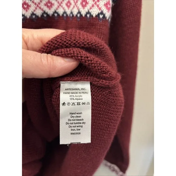 Artesania Hooded Pullover Fair Isle Sweater Lace Up Alpaca Women's Size L Peru - Picture 3 of 15